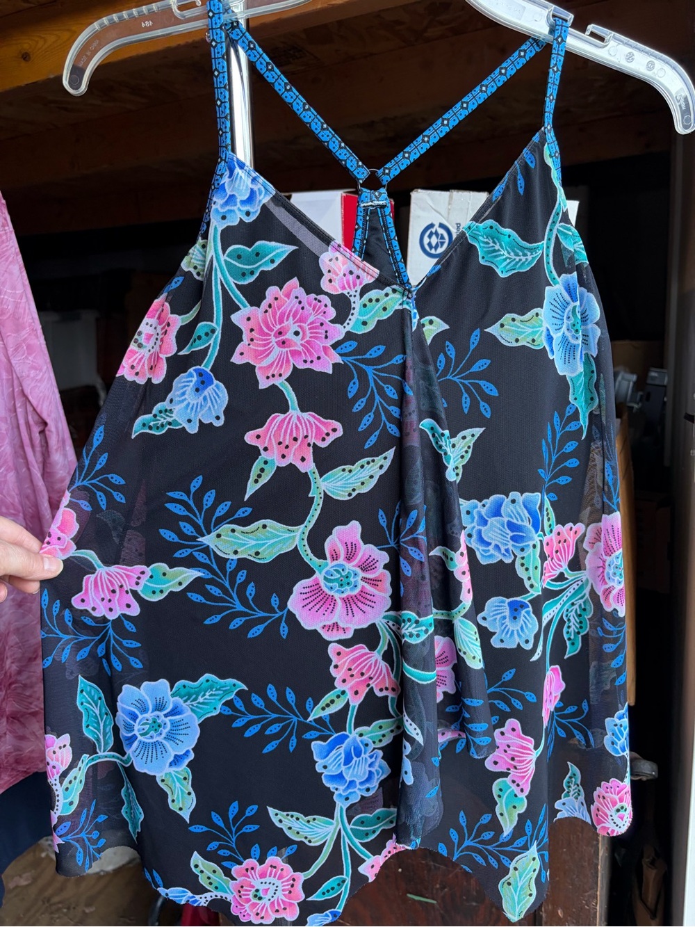 Beach House Floral V-Neck Cami -Pink & Blue Accents with black built-in cami